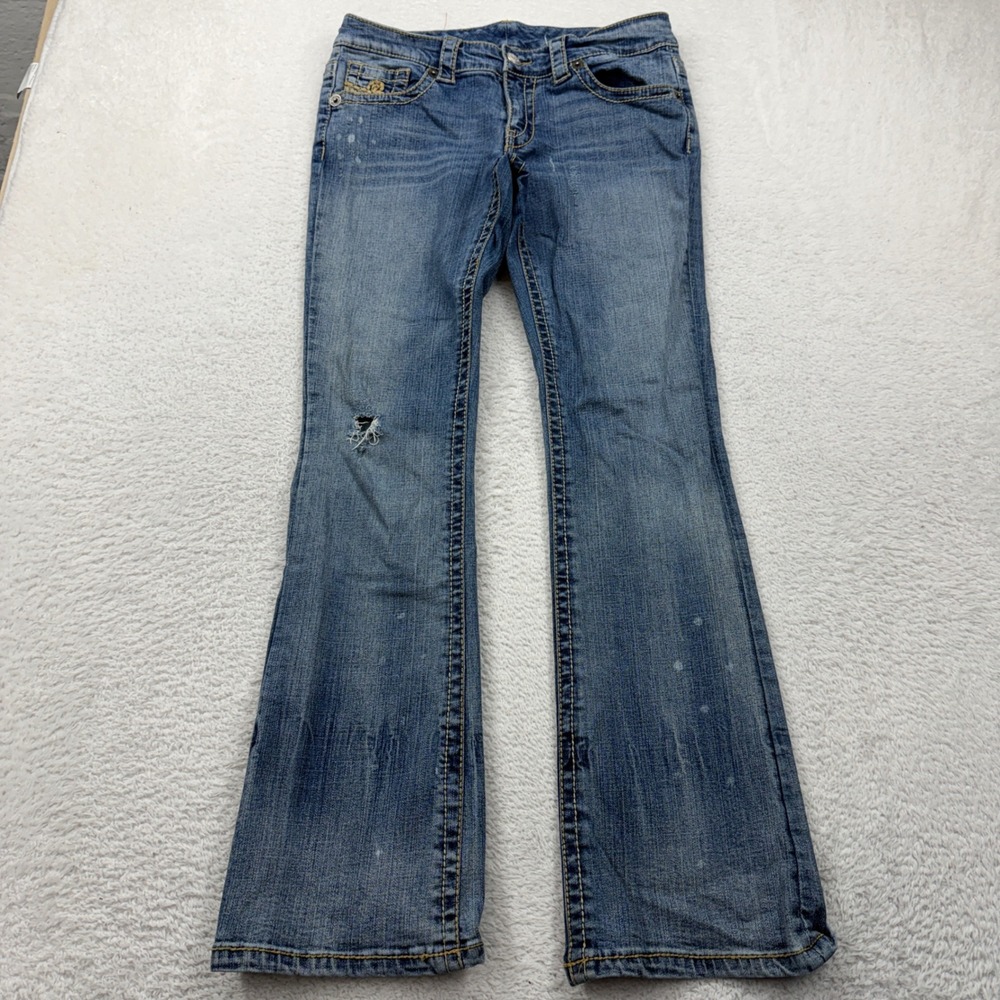 Seven7 Womens Bootcut Jeans Size 6 Medium Wash Distressed Bleach Splatter Y2K